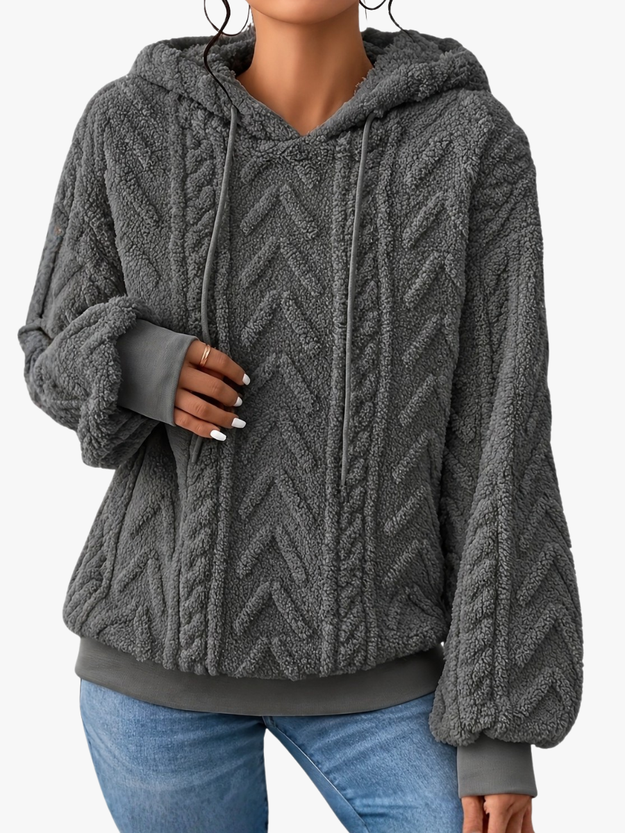 Marcella cable knit hooded fleece sweater in dark gray, close-up front view