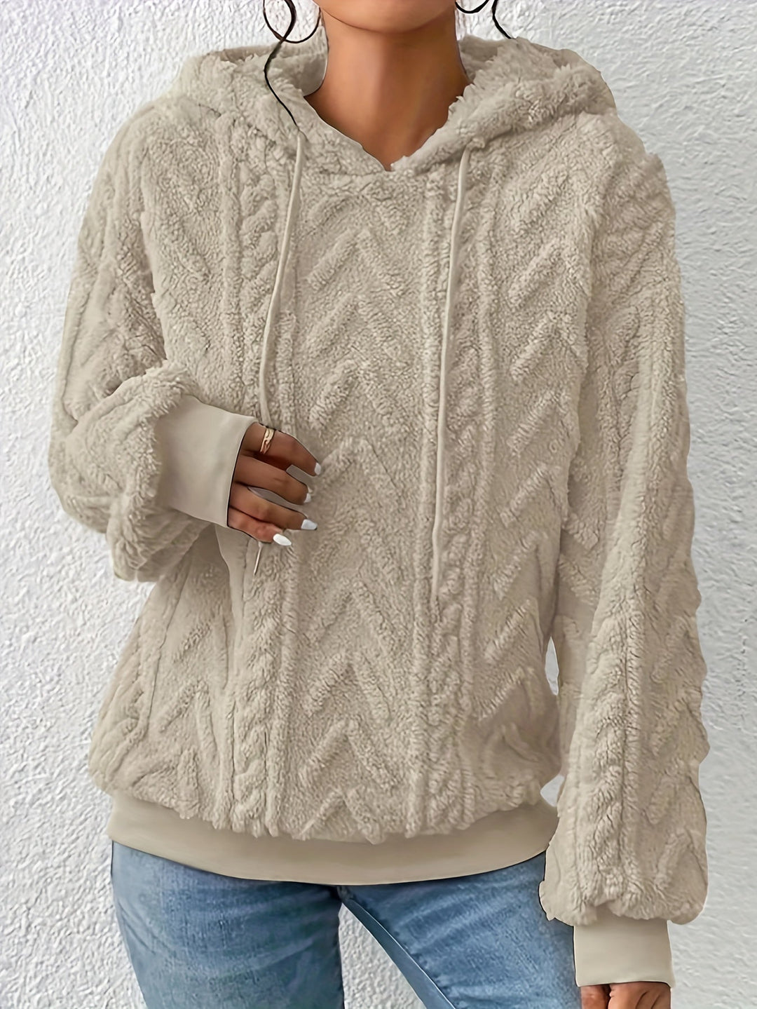 Marcella cable knit hooded fleece sweater in brown, front view