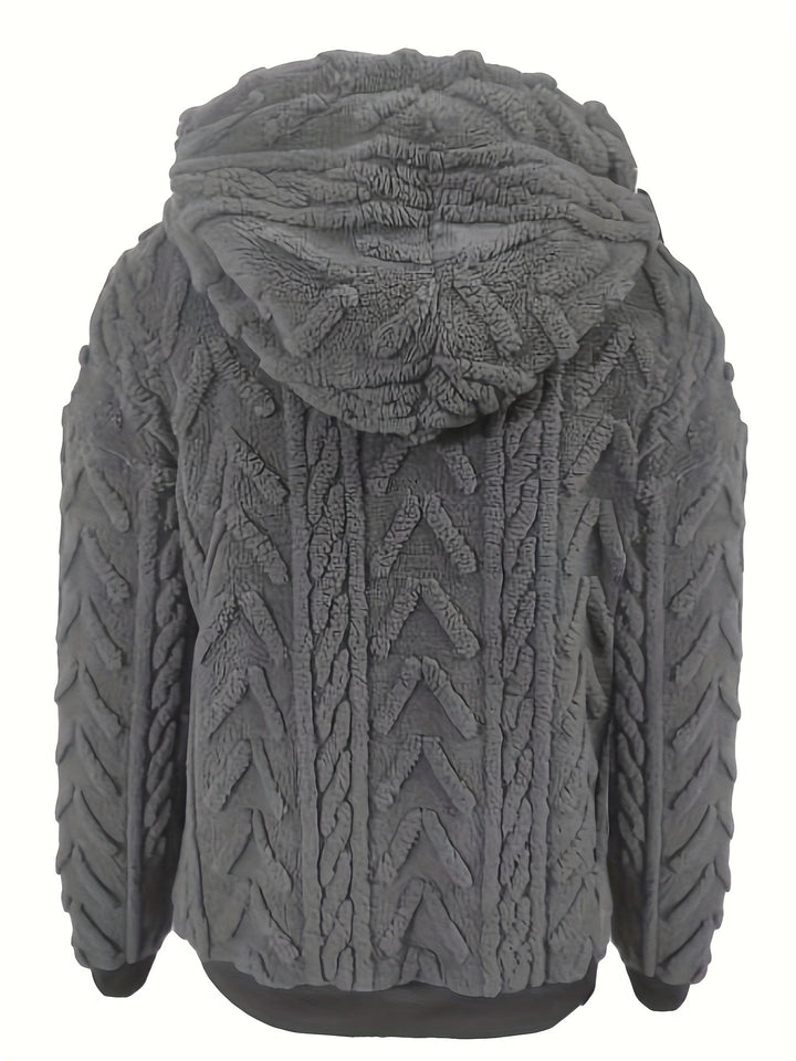 Marcella cable knit hooded fleece sweater in brown, front view