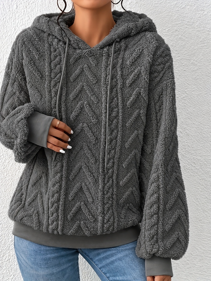 Marcella cable knit hooded fleece sweater in dark gray, front view
