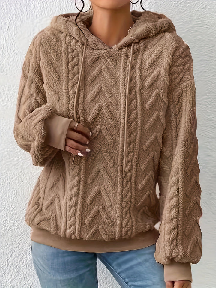 Marcella cable knit hooded fleece sweater in brown, front view