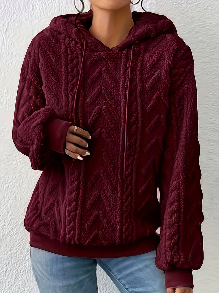 Marcella cable knit hooded fleece sweater in brown, front view