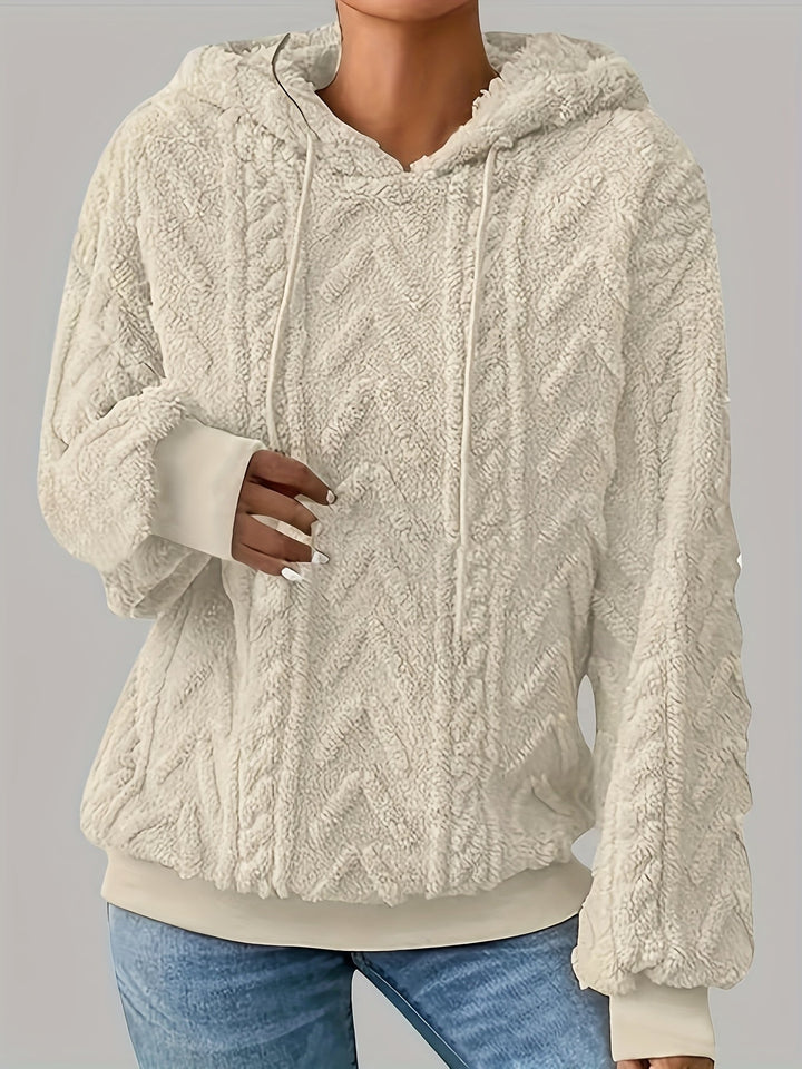 Marcella cable knit hooded fleece sweater in brown, front view