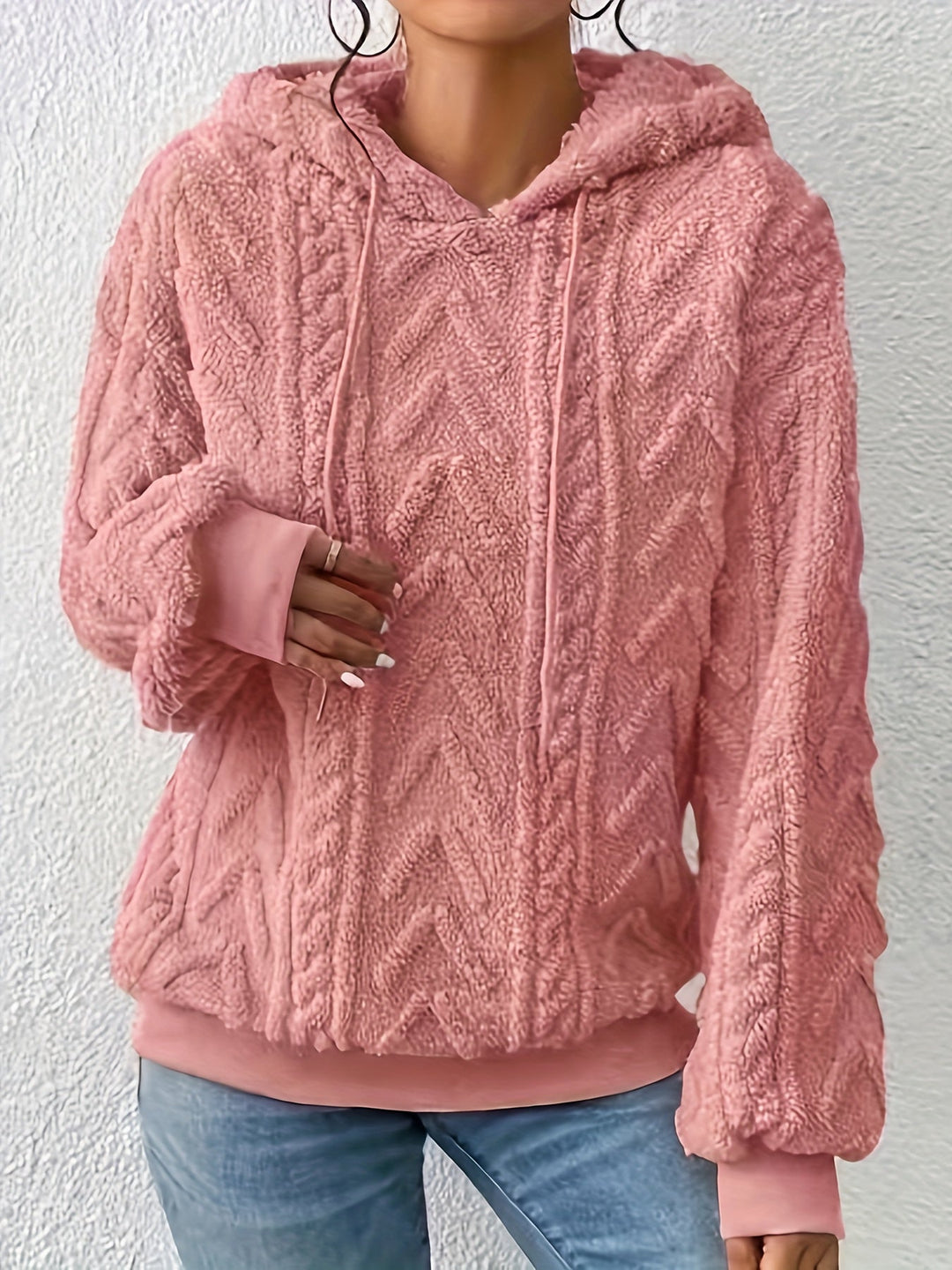 Marcella cable knit hooded fleece sweater in brown, front view