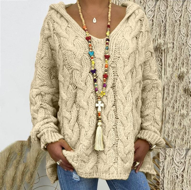 Halona bordeaux red cable knit hooded sweater, front view