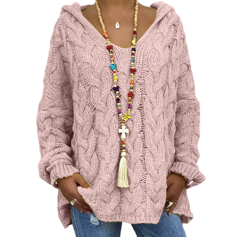 Halona pink cable knit hooded sweater, front view close-up
