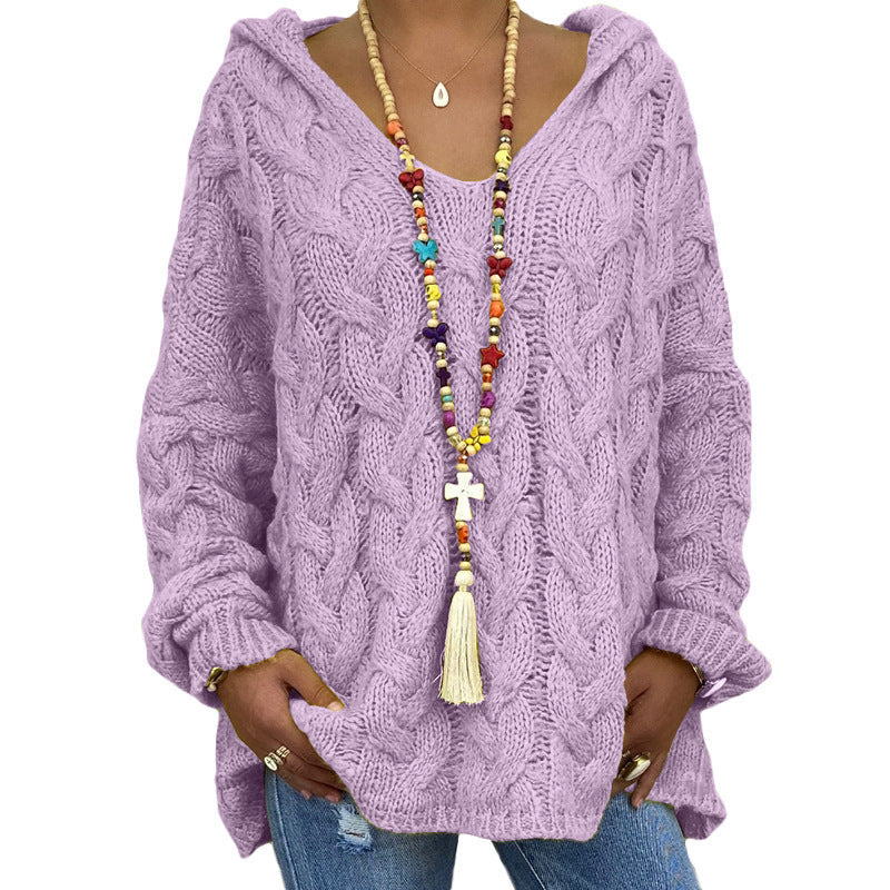 Halona purple cable knit hooded sweater, front view