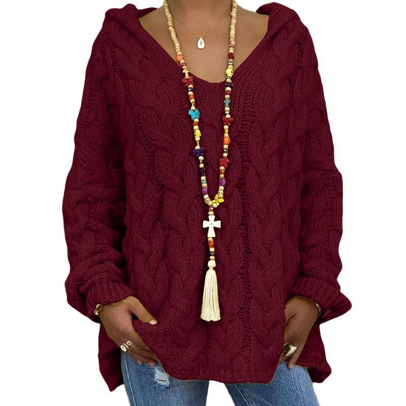 Halona bordeaux red cable knit hooded sweater, front view