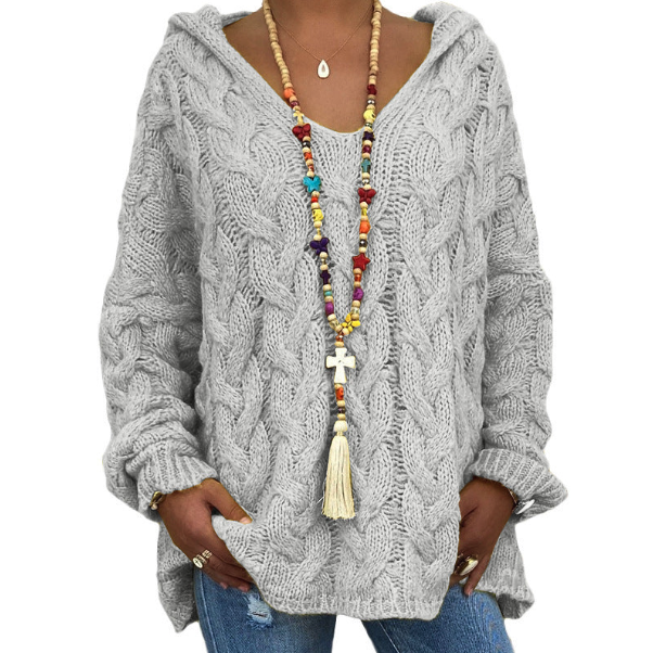 Halona bordeaux red cable knit hooded sweater, front view
