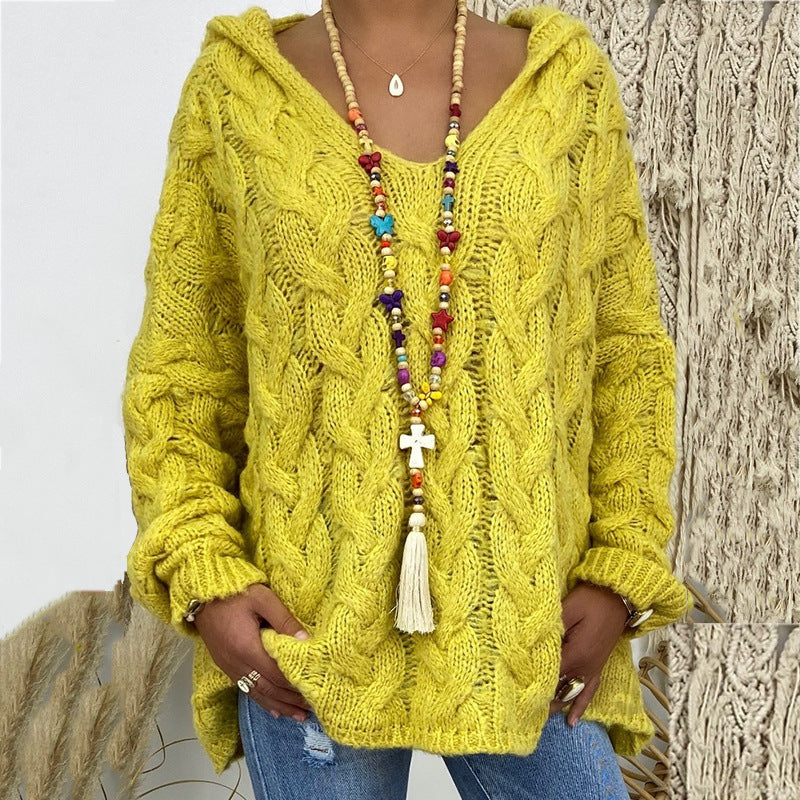 Halona bordeaux red cable knit hooded sweater, front view