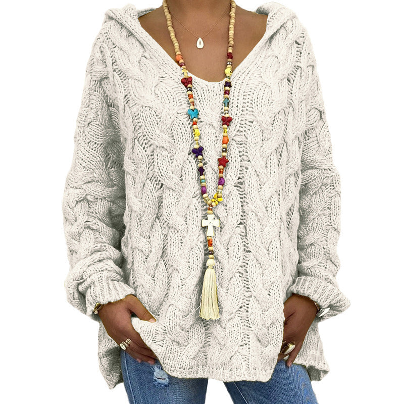 Halona bordeaux red cable knit hooded sweater, front view