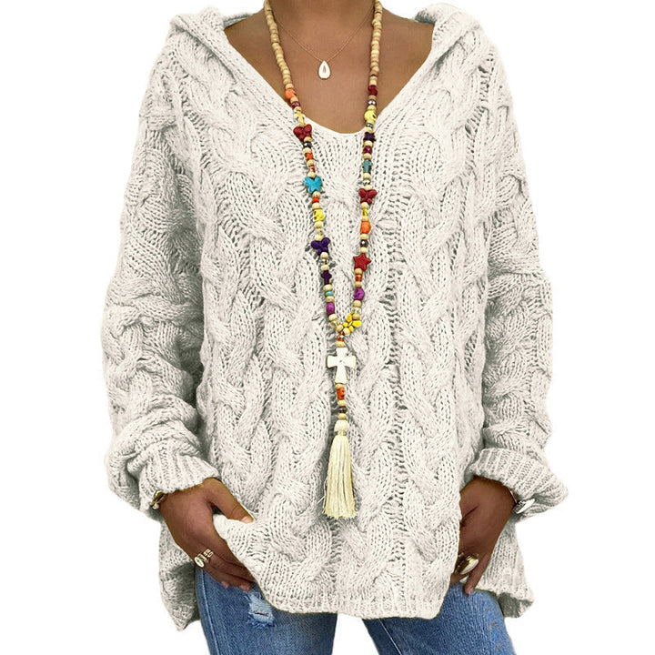 Halona bordeaux red cable knit hooded sweater, front view
