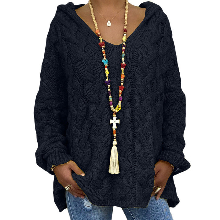 Halona bordeaux red cable knit hooded sweater, front view
