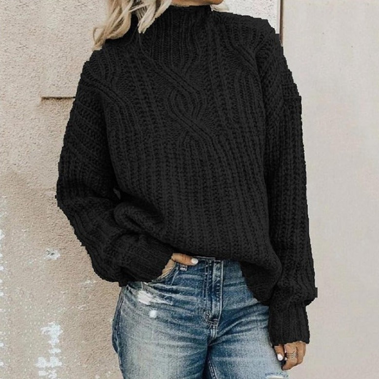 Odette black cable knit mock neck sweater, front view