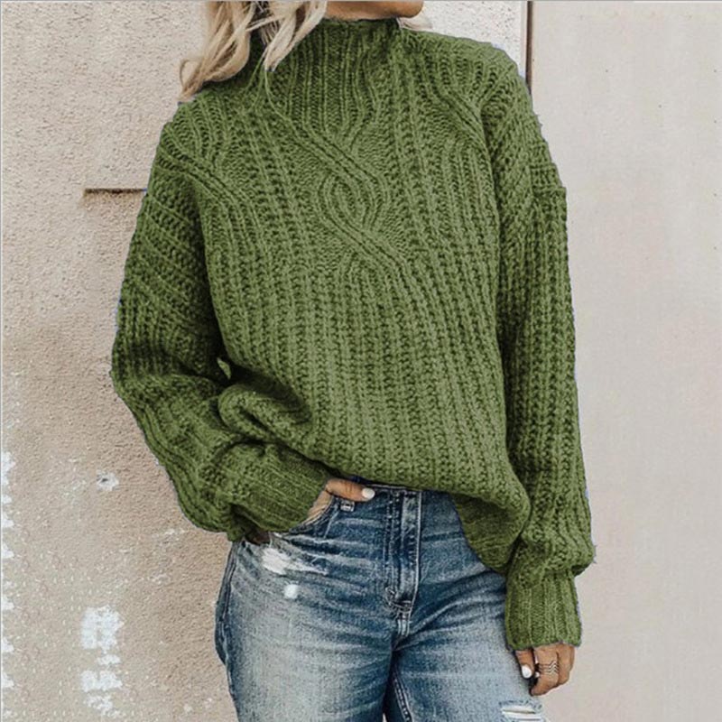 Odette green cable knit mock neck sweater, front view