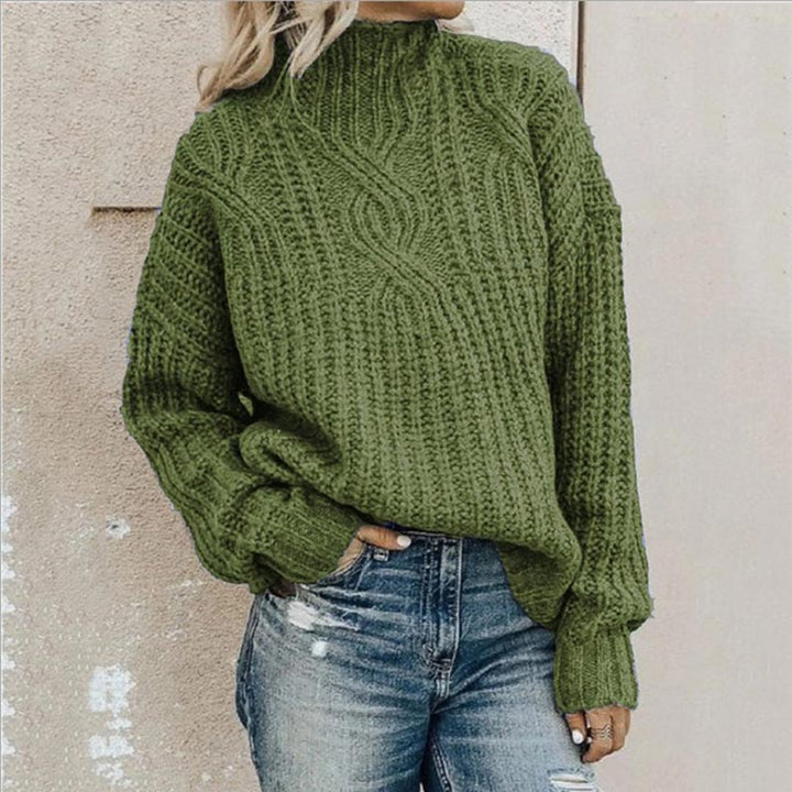 Odette green cable knit mock neck sweater, front view
