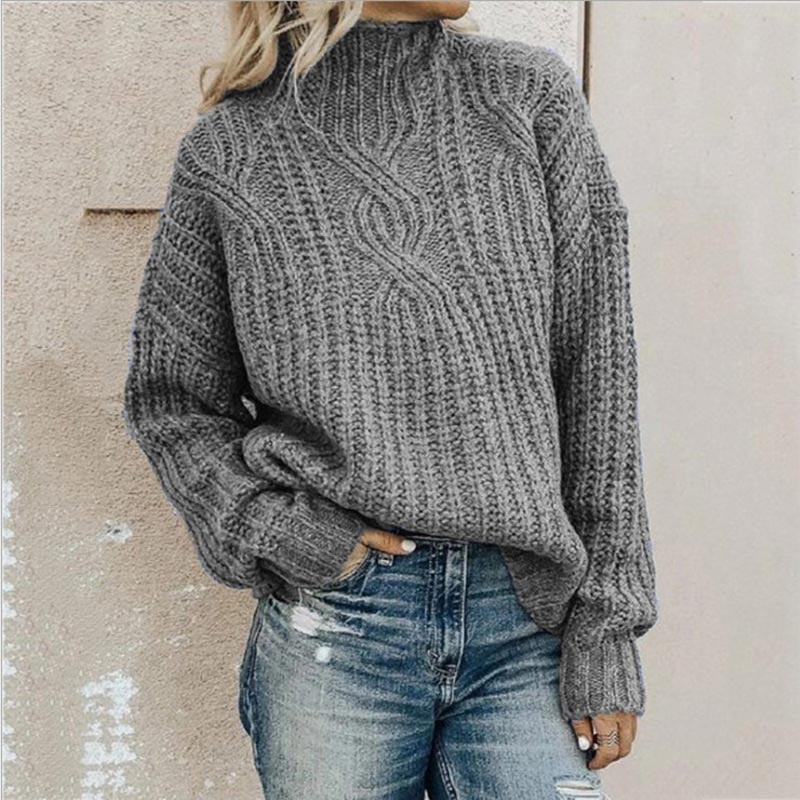 Odette gray cable knit mock neck sweater, front view