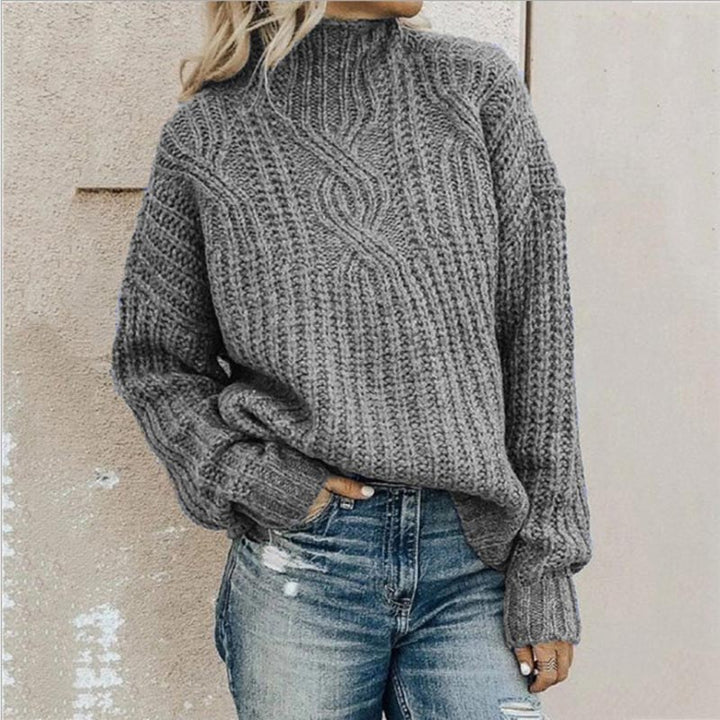 Odette gray cable knit mock neck sweater, front view