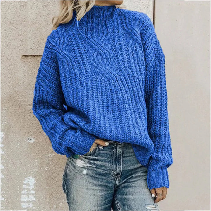 Odette blue cable knit mock neck sweater, front view