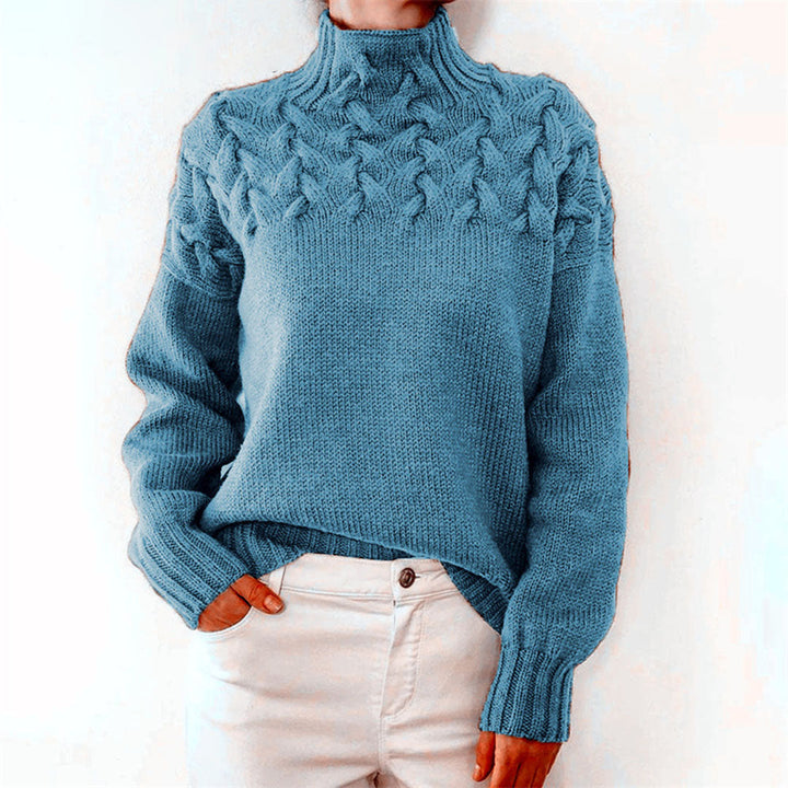Rosalind cable knit turtleneck oversized sweater in light blue, front view