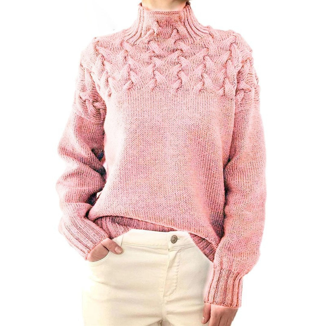 Rosalind cable knit turtleneck oversized sweater in pink, front view