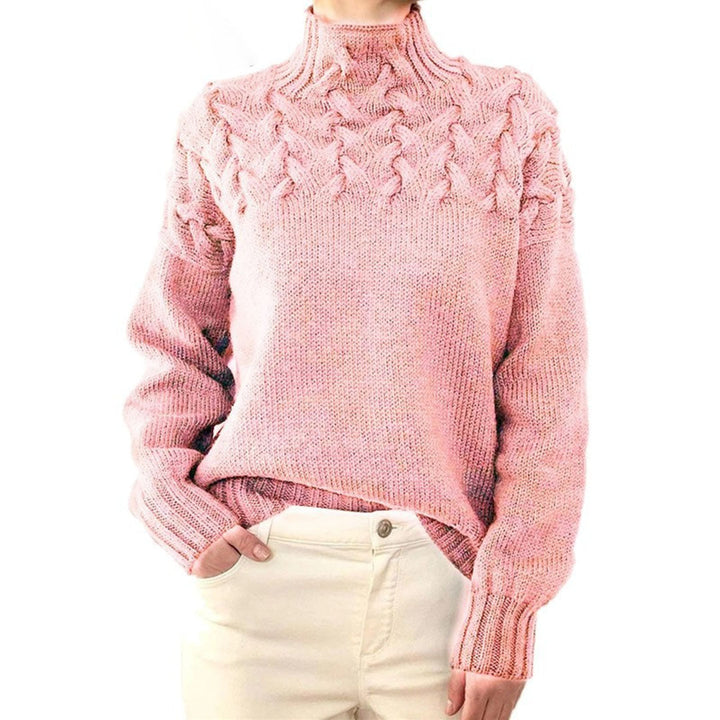 Rosalind cable knit turtleneck oversized sweater in pink, front view
