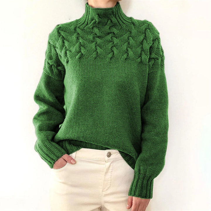 Rosalind cable knit turtleneck oversized sweater in green, front view