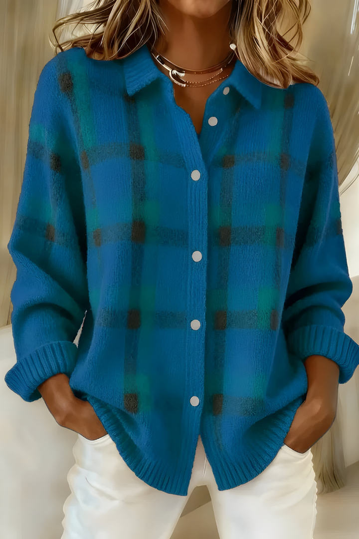Verlaine checkered knit cardigan in purple, front view close-up