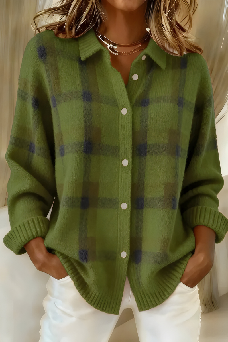 Verlaine checkered knit cardigan in purple, front view close-up