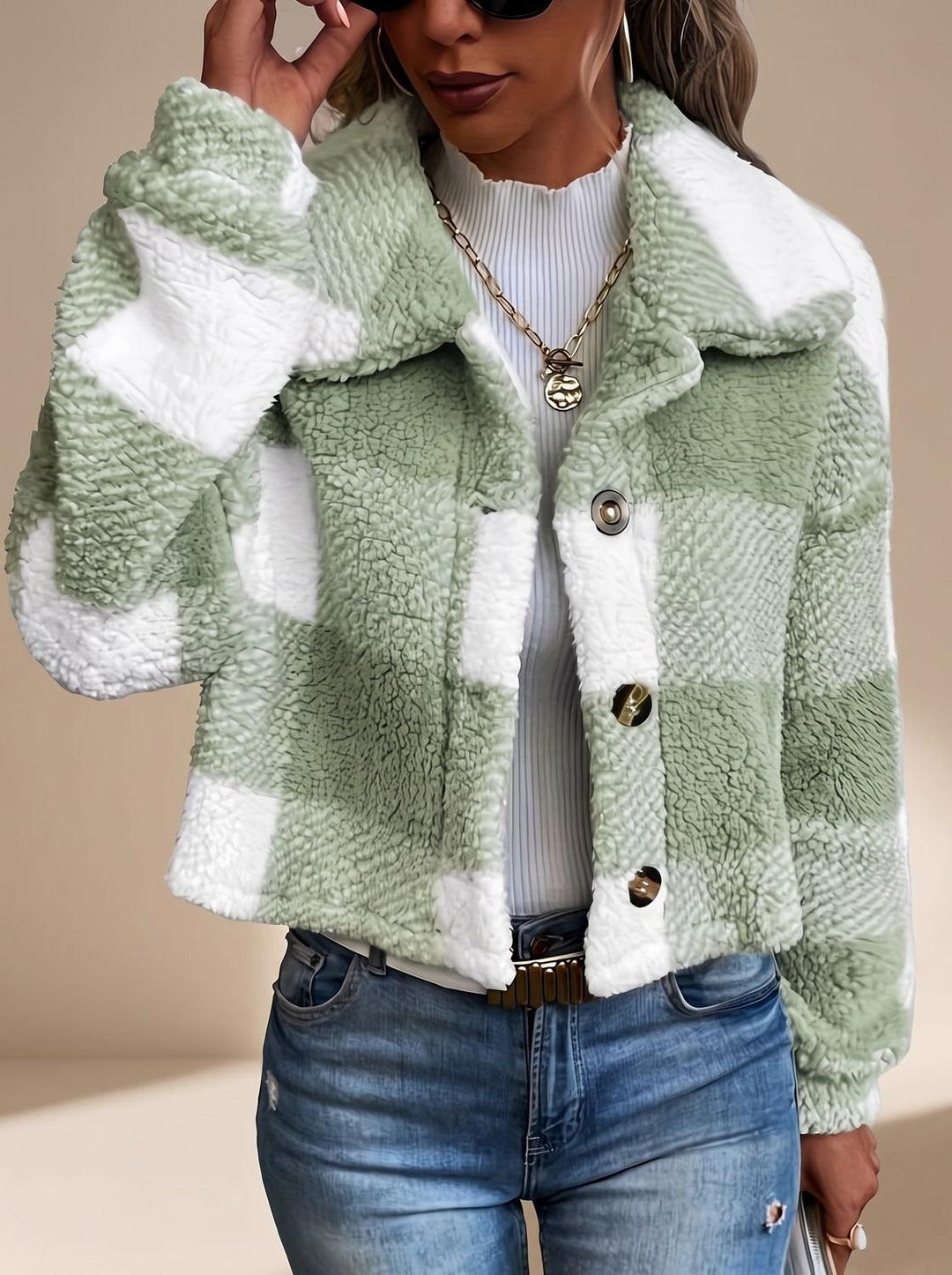 Marielle checkered cropped teddy jacket in green, front view close-up
