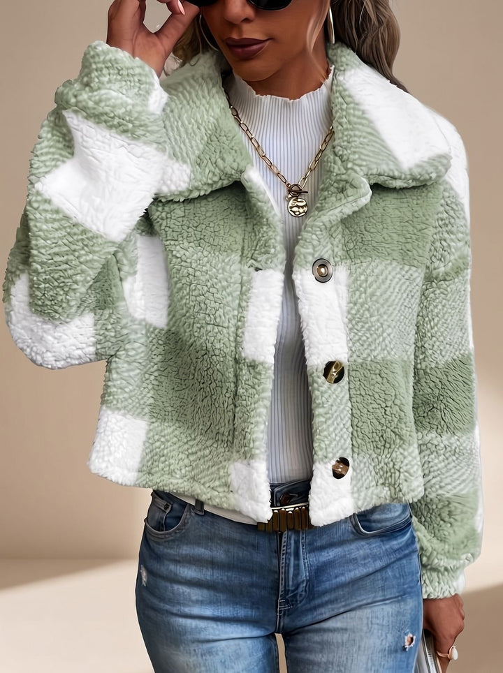 Marielle checkered cropped teddy jacket in green, front view close-up