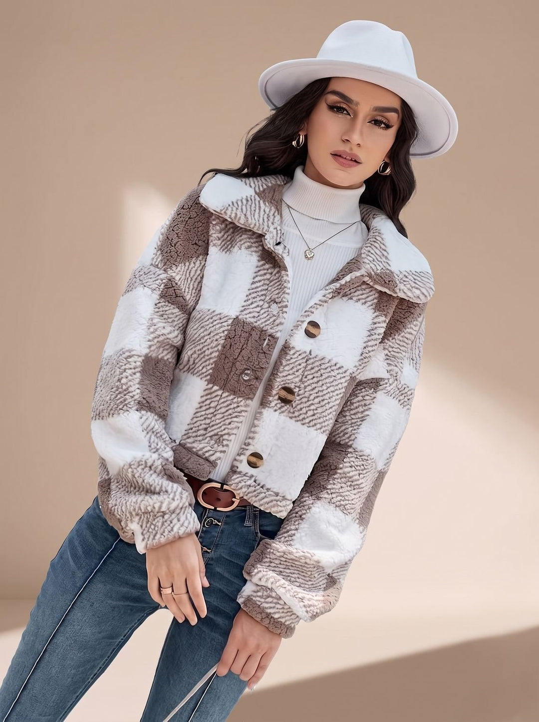 Marielle checkered cropped teddy jacket in brown, full front view
