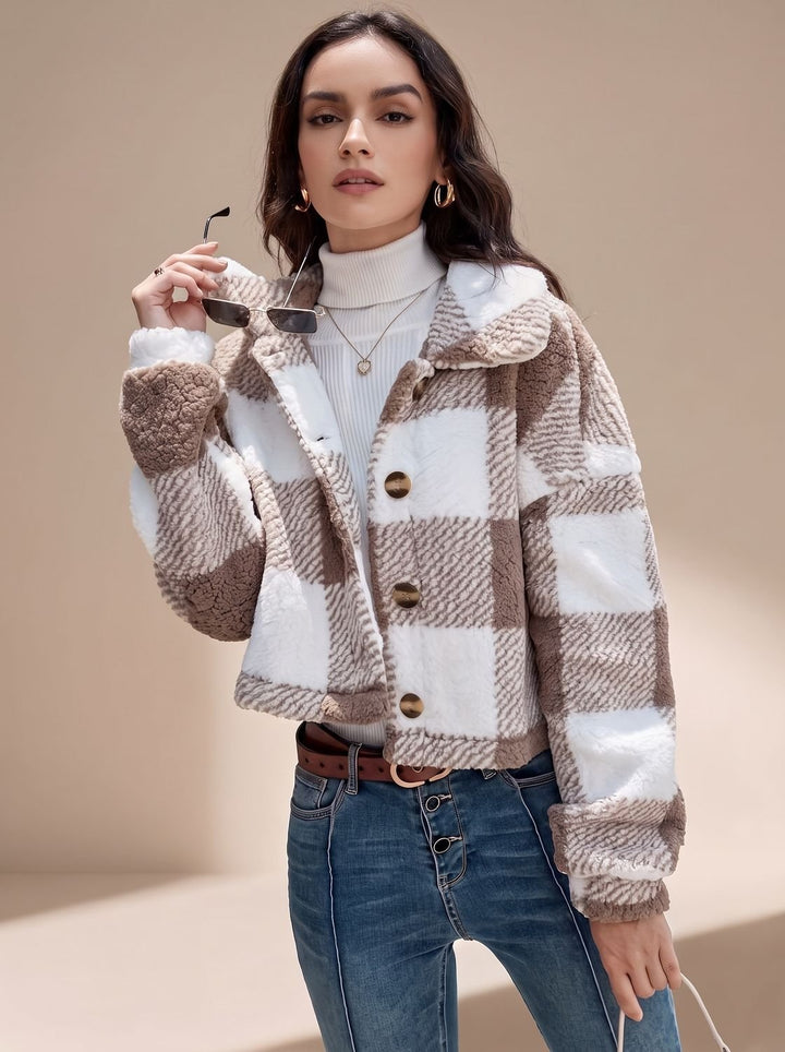Marielle checkered cropped teddy jacket in brown, full front view