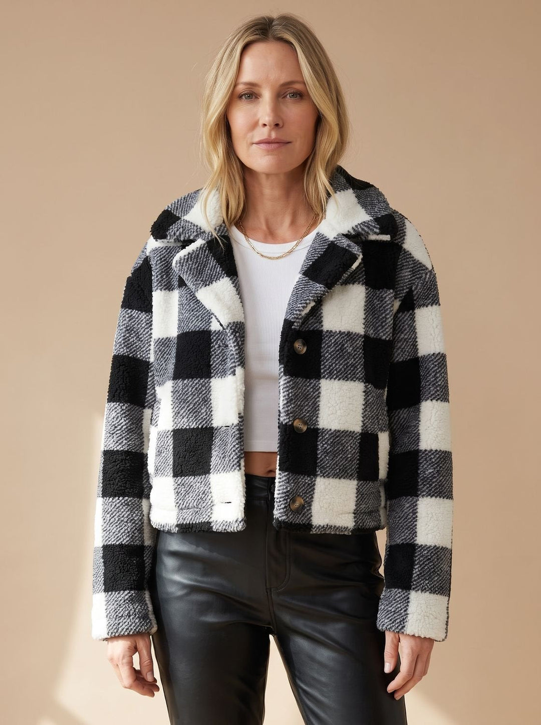 Marielle checkered cropped teddy jacket in brown, full front view