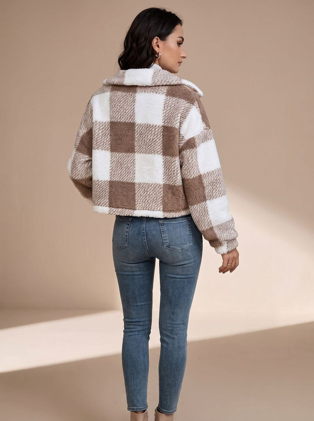 Marielle checkered cropped teddy jacket in brown, full front view