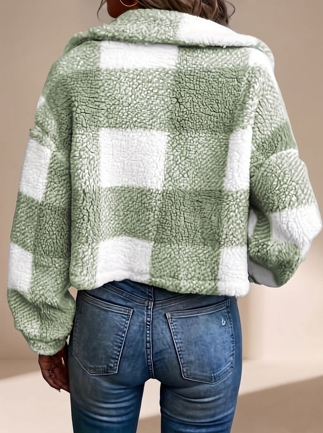 Marielle checkered cropped teddy jacket in brown, full front view