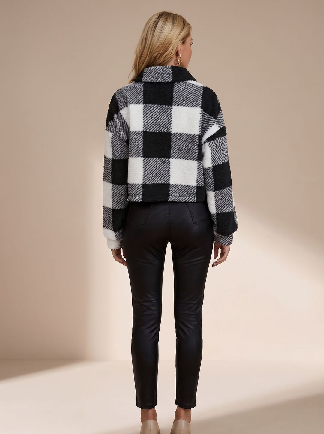 Marielle checkered cropped teddy jacket in brown, full front view