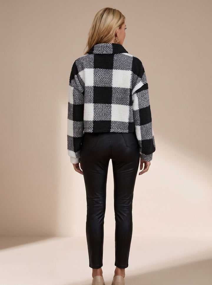 Marielle checkered cropped teddy jacket in brown, full front view