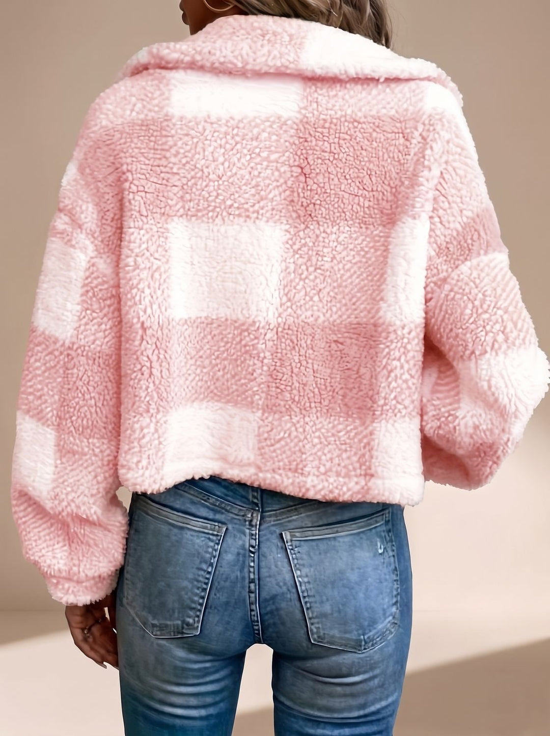 Marielle checkered cropped teddy jacket in brown, full front view