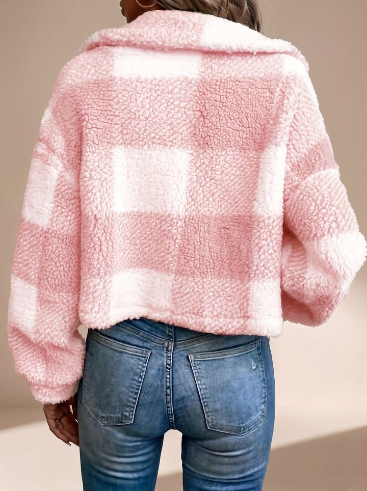 Marielle checkered cropped teddy jacket in brown, full front view