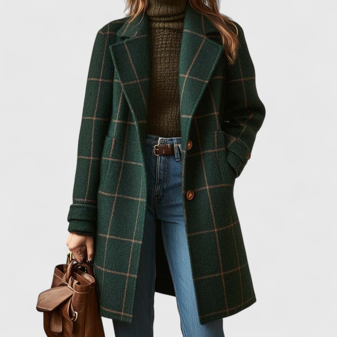 Thessaly checkered tailored coat, front view with hands in pockets