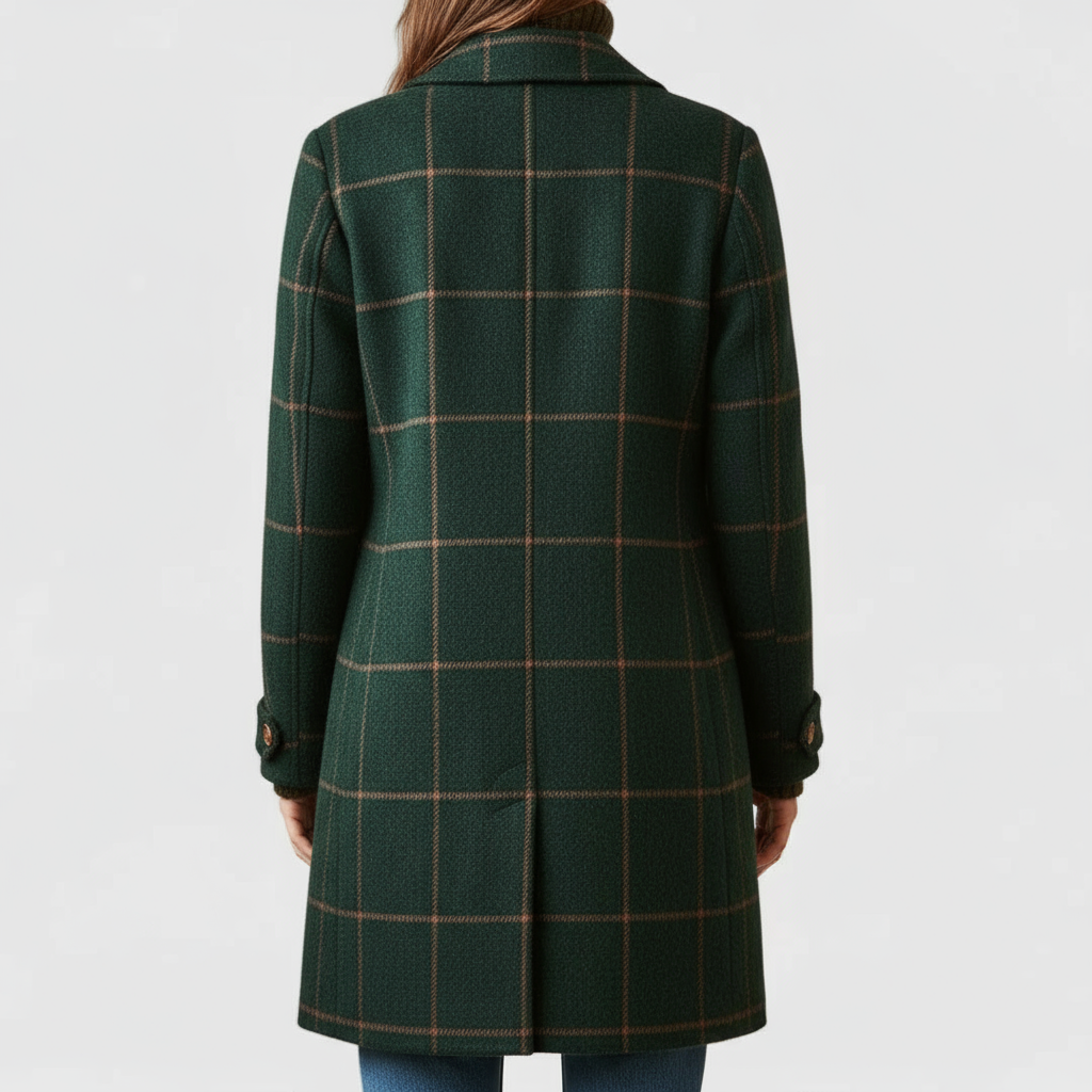 Thessaly checkered coat, back view showing full length and collar