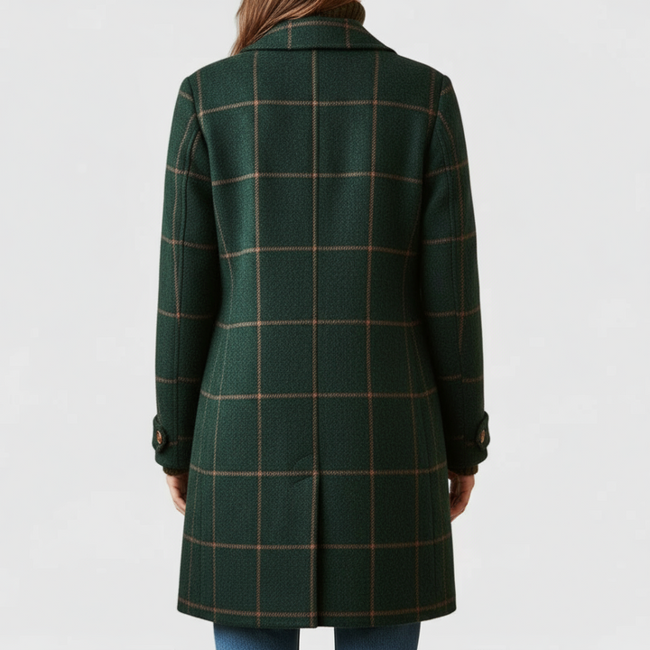 Thessaly checkered coat, back view showing full length and collar