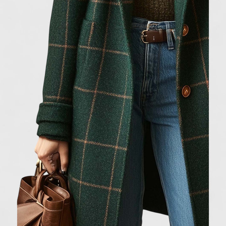 Thessaly checkered coat, close-up of fabric pattern and cuff detail