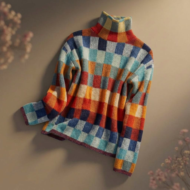 Marisol checkered turtleneck sweater laid flat on neutral background