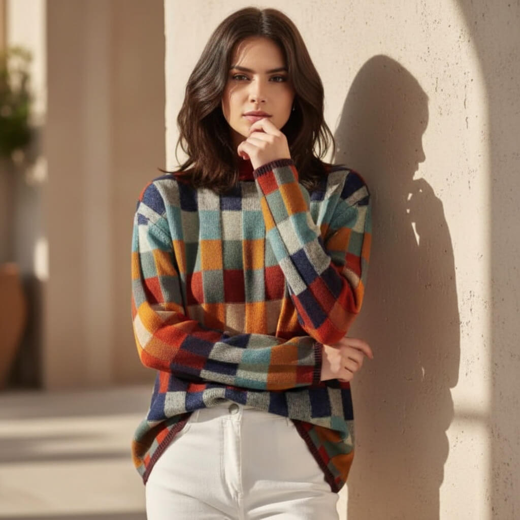 Marisol checkered turtleneck sweater styled outdoors against a sunlit wall