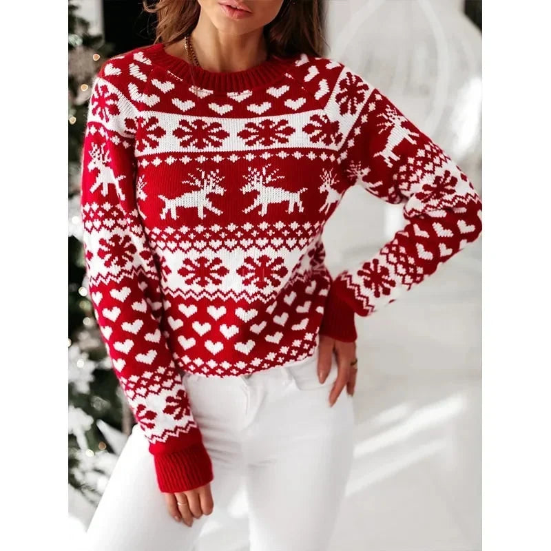 Marigold red and white Christmas print sweater with reindeer and snowflake pattern, front view