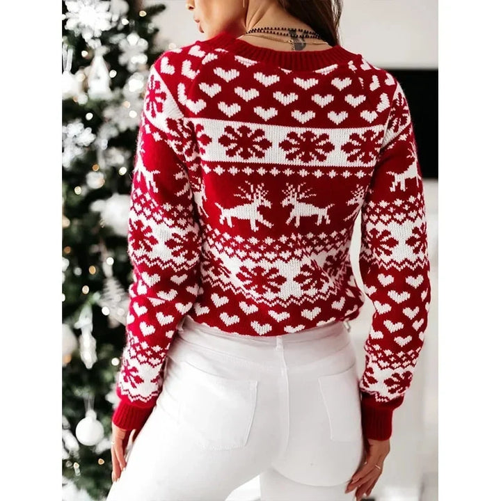Marigold Christmas print sweater back view with reindeer and snowflake knit pattern