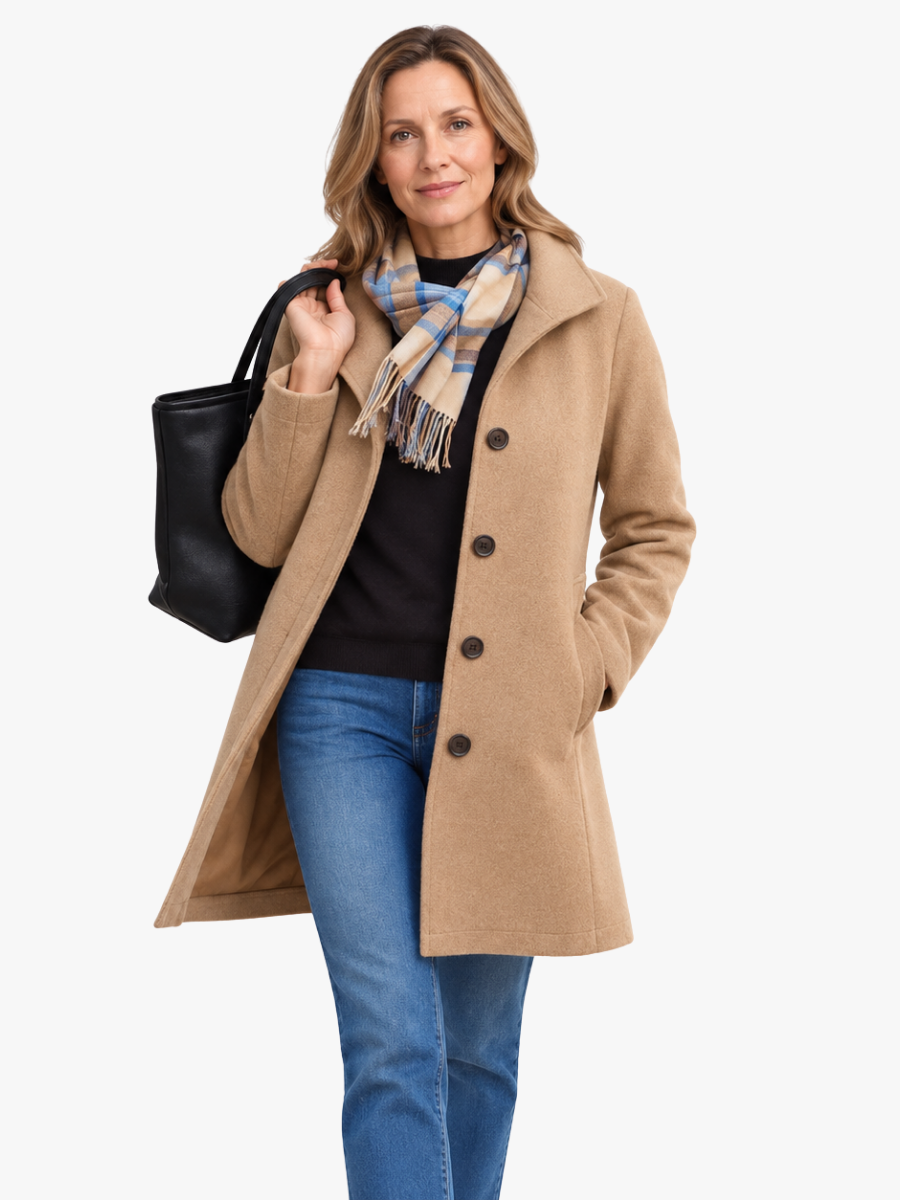 Vivienne classic button front coat with collared neckline, front view with scarf and tote bag