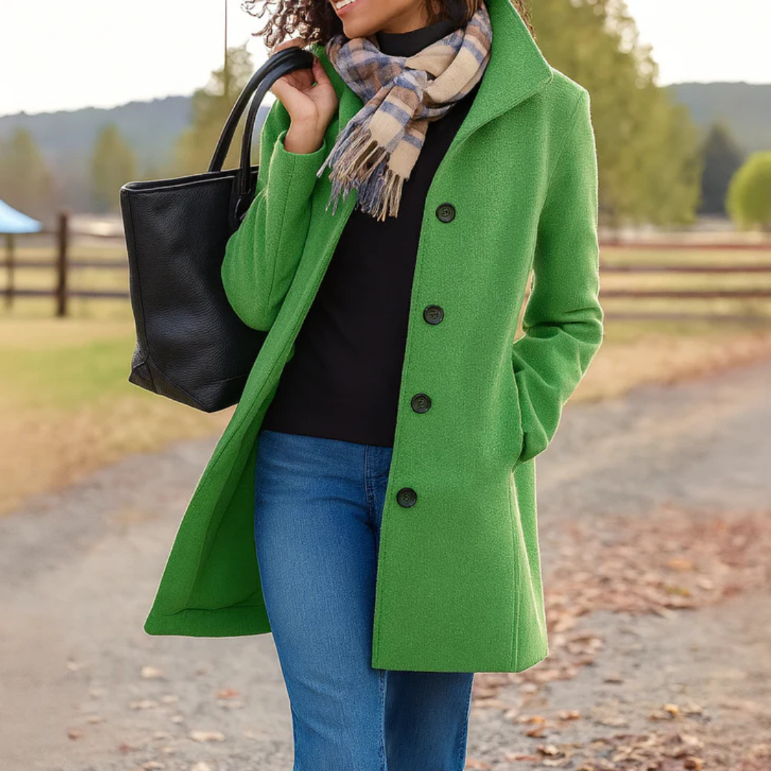 Vivienne coat in black, close-up front view with scarf
